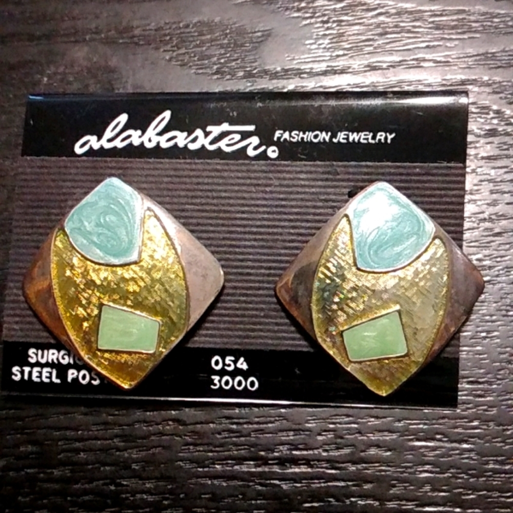 Unique enameled metal square post earrings